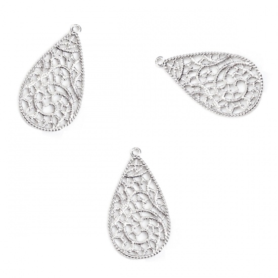 Picture of Brass Metal Lace Charms Drop Silver Tone Filigree 29mm(1 1/8") x 16mm( 5/8"), 3 PCs                                                                                                                                                                           