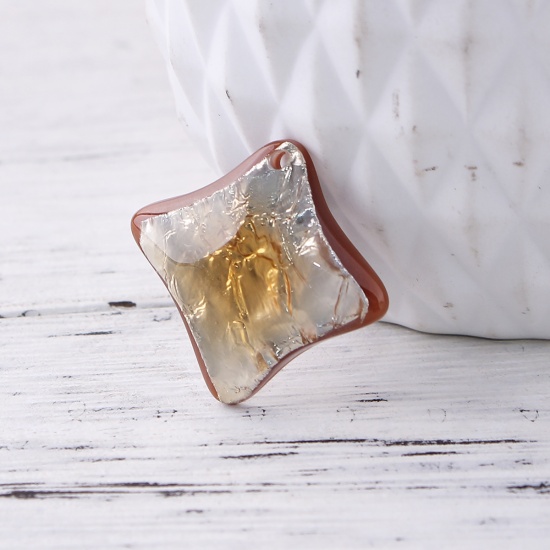 Picture of Resin AB Rainbow Color Aurora Borealis Charms Rhombus Coffee Golden 25mm(1") x 24mm(1"), 10 PCs
