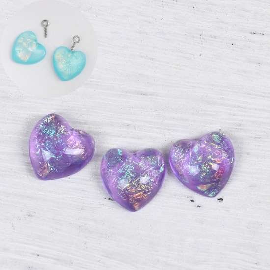 Picture of Resin AB Rainbow Color Aurora Borealis Charms (Half Drilled) Heart Purple Transparent 18mm( 6/8") x 18mm( 6/8"), 10 PCs