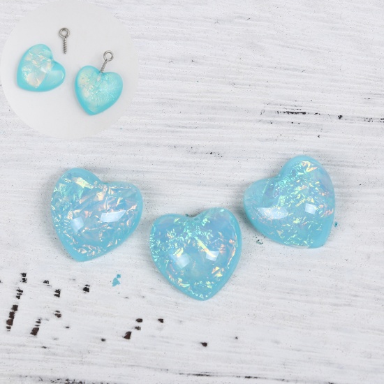 Picture of Resin AB Rainbow Color Aurora Borealis Charms (Half Drilled) Heart Blue 18mm( 6/8") x 18mm( 6/8"), 10 PCs