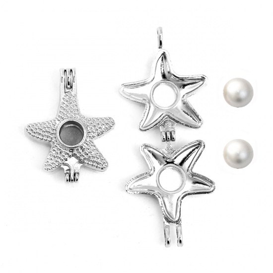 Picture of Zinc Based Alloy Wish Pearl Locket Jewelry Pendants Christmas Silver Tone Star Fish Can Open (Fit Bead Size: 8mm) 31mm(1 2/8") x 24mm(1"), 2 PCs