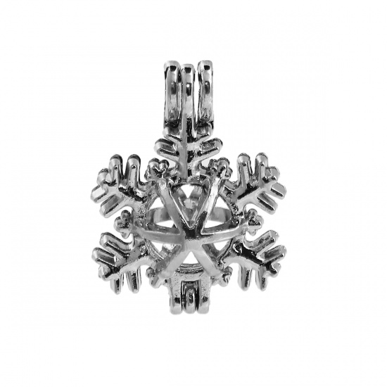 Imagen de Zamak Locket de Perlas Colgantes Copo de nieve Navidad Tono de Plata Puede Abrir (Apta Cuenta: 8mm) 25mm x 19mm, 2 Unidades