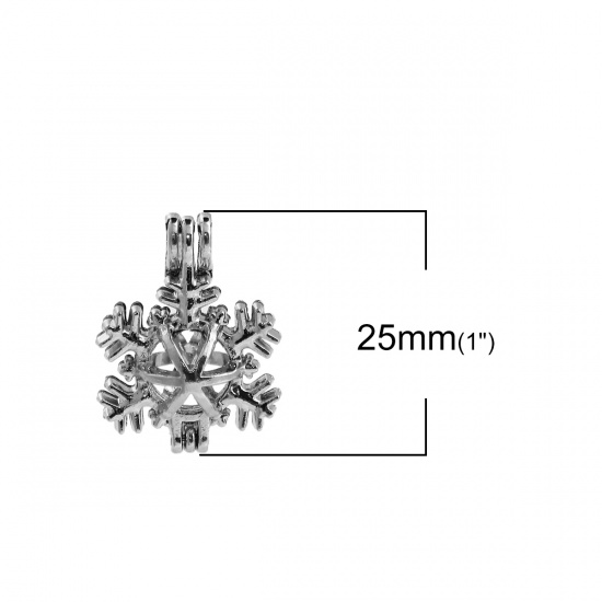 Picture of Zinc Based Alloy Wish Pearl Locket Jewelry Pendants Christmas Snowflake Silver Tone Can Open (Fit Bead Size: 8mm) 25mm(1") x 19mm( 6/8"), 2 PCs