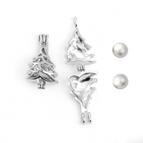 Picture of Zinc Based Alloy Wish Pearl Locket Jewelry Pendants Christmas Tree Silver Tone Can Open (Fit Bead Size: 8mm) 29mm(1 1/8") x 16mm( 5/8"), 2 PCs