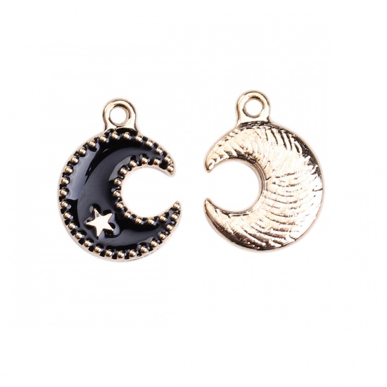 Picture of Zinc Based Alloy Galaxy Charms Half Moon Star Gold Plated Black Enamel 17mm( 5/8") x 12mm( 4/8"), 30 PCs