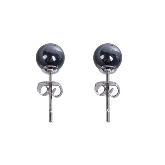 Picture of Stainless Steel & Hematite Ear Post Stud Earrings Gunmetal Black Round 19mm( 6/8") x 6mm( 2/8"), Post/ Wire Size: (21 gauge), 2 Pairs