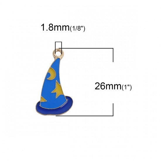 Picture of Zinc Based Alloy Halloween Charms Hat Gold Plated Yellow & Blue Enamel 26mm(1") x 15mm( 5/8"), 5 PCs