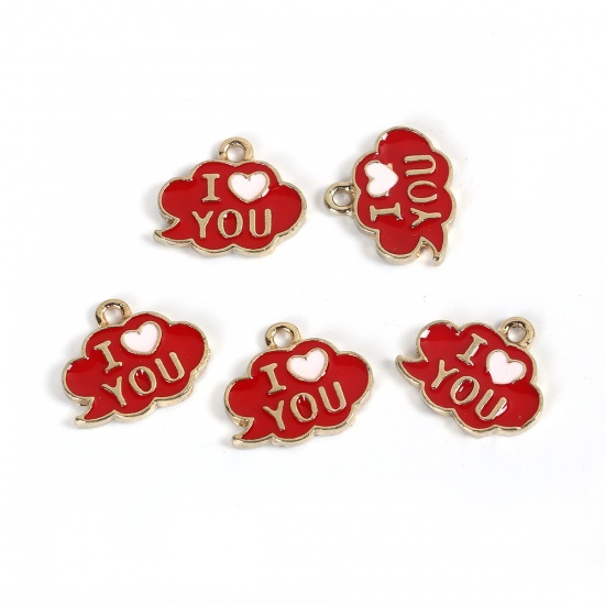 Picture of Zinc Based Alloy Weather Collection Charms Cloud Gold Plated Red Message " I Love you " Enamel 16mm( 5/8") x 14mm( 4/8"), 10 PCs