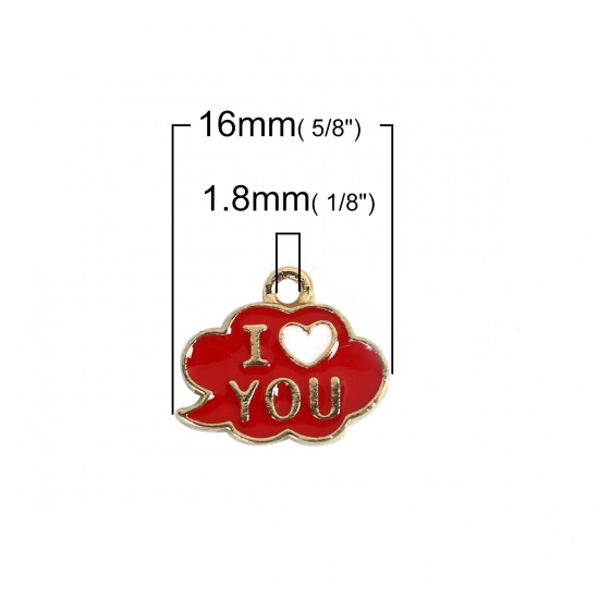 Picture of Zinc Based Alloy Weather Collection Charms Cloud Gold Plated Red Message " I Love you " Enamel 16mm( 5/8") x 14mm( 4/8"), 10 PCs