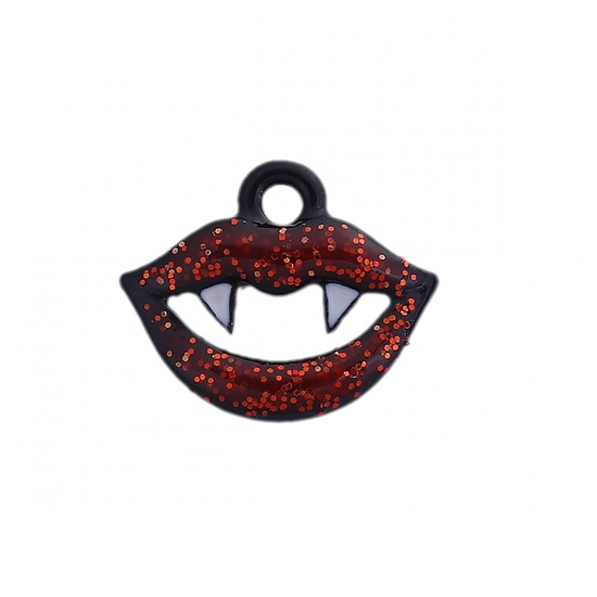 Picture of Zinc Based Alloy Halloween Charms Lip Black Deep Red Enamel 13mm( 4/8") x 11mm( 3/8"), 5 PCs