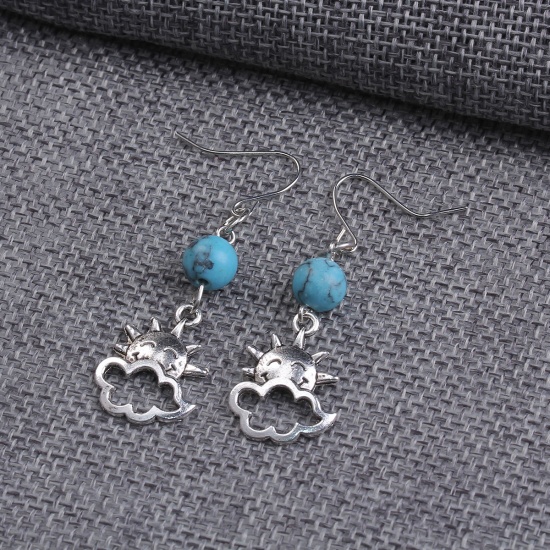 Picture of Turquoise Weather Collection Earrings Silver Tone Blue Cloud Sun 50mm(2") x 16mm( 5/8"), Post/ Wire Size: (21 gauge), 1 Pair