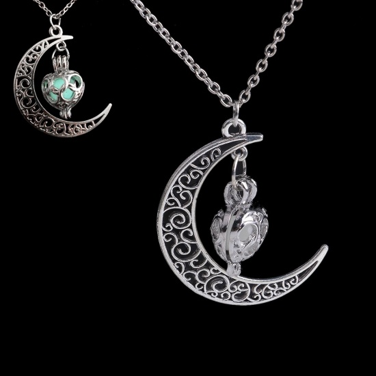 Picture of Galaxy Necklace Antique Silver Mexican Angel Caller Bola Harmony Ball Wish Box Moon Glow In The Dark Green Blue 48cm(18 7/8") long, 1 Piece