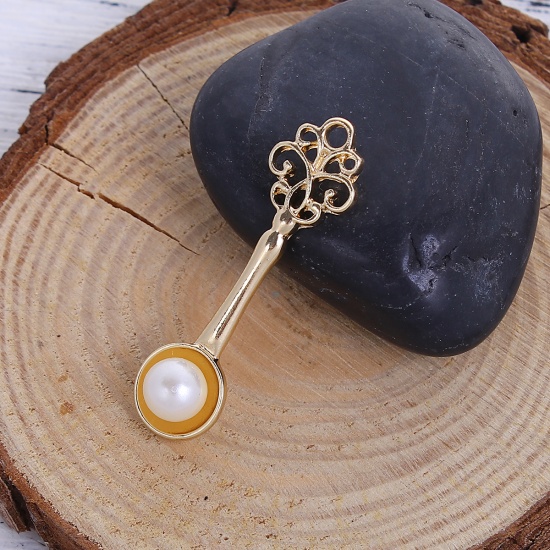 Immagine di Lega di Zinco Gioielli di una Perla Ciondoli Cucchiaio Oro Placcato Bianco Perla Imitato Acrilico 38mm x 11mm , 5 Pz