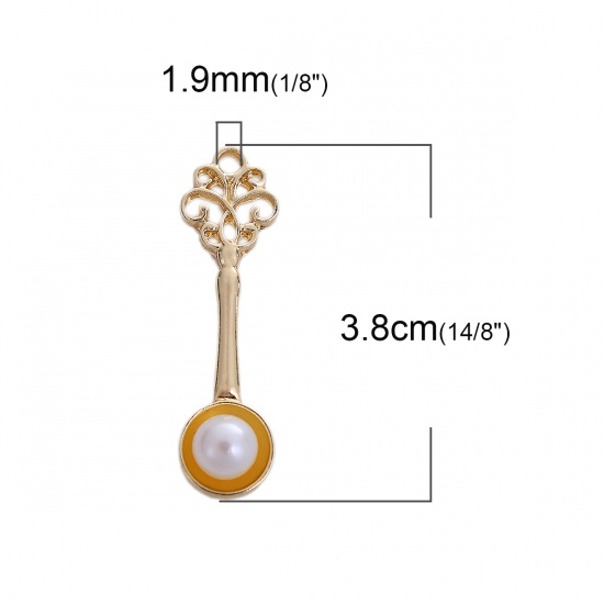 Picture of Zinc Based Alloy One Pearl Jewelry Pendants Spoon Gold Plated White Acrylic Imitation Pearl 38mm(1 4/8") x 11mm( 3/8"), 5 PCs