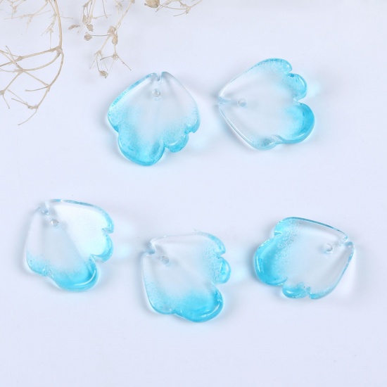 Picture of Lampwork Glass Petal Flower Charms Blue Peony Flower 16mm( 5/8") x 15mm( 5/8"), 10 PCs