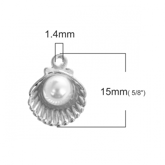 Picture of Zinc Based Alloy One Pearl Jewelry Charms Shell Silver Tone White Acrylic Imitation Pearl 15mm( 5/8") x 12mm( 4/8"), 20 PCs