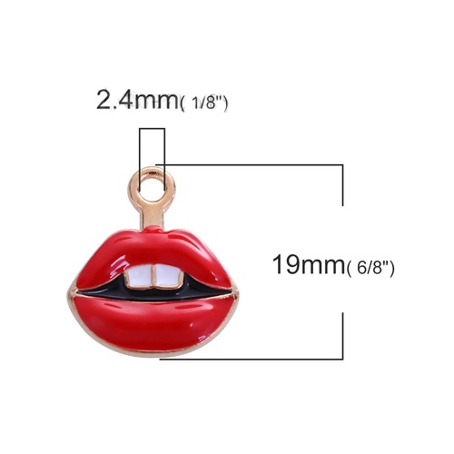 Picture of Zinc Based Alloy Makeup Charms Tooth Gold Plated White & Red Lip Enamel 19mm( 6/8") x 17mm( 5/8"), 10 PCs