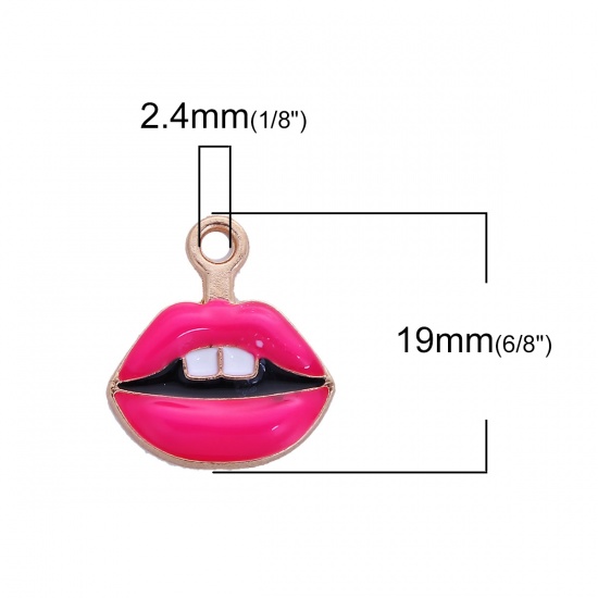 Picture of Zinc Based Alloy Makeup Charms Tooth Gold Plated White & Fuchsia Lip Enamel 19mm( 6/8") x 17mm( 5/8"), 10 PCs