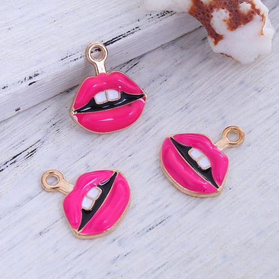 Picture of Zinc Based Alloy Makeup Charms Tooth Gold Plated White & Fuchsia Lip Enamel 19mm( 6/8") x 17mm( 5/8"), 10 PCs