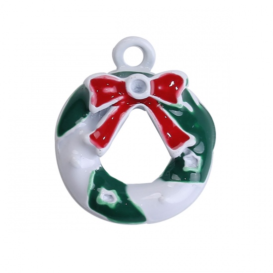 Picture of Zinc Based Alloy Charms Christmas Wreath White Red & Green (Can Hold ss5 Pointed Back Rhinestone) Enamel 19mm( 6/8") x 16mm( 5/8"), 10 PCs