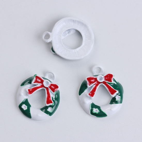 Picture of Zinc Based Alloy Charms Christmas Wreath White Red & Green (Can Hold ss5 Pointed Back Rhinestone) Enamel 19mm( 6/8") x 16mm( 5/8"), 10 PCs