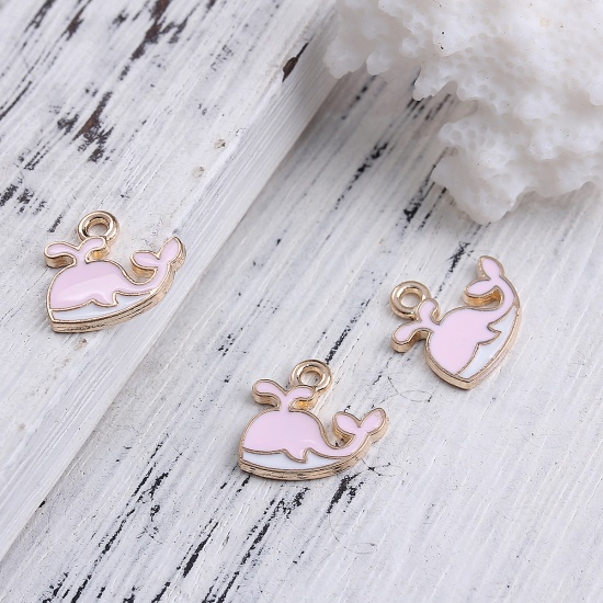 Picture of Zinc Based Alloy Charms Whale Animal Gold Plated White & Pink Enamel 14mm( 4/8") x 12mm( 4/8"), 20 PCs