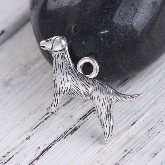 Picture of Zinc Based Alloy Charms Dog Animal Antique Silver Color 23mm( 7/8") x 14mm( 4/8"), 30 PCs