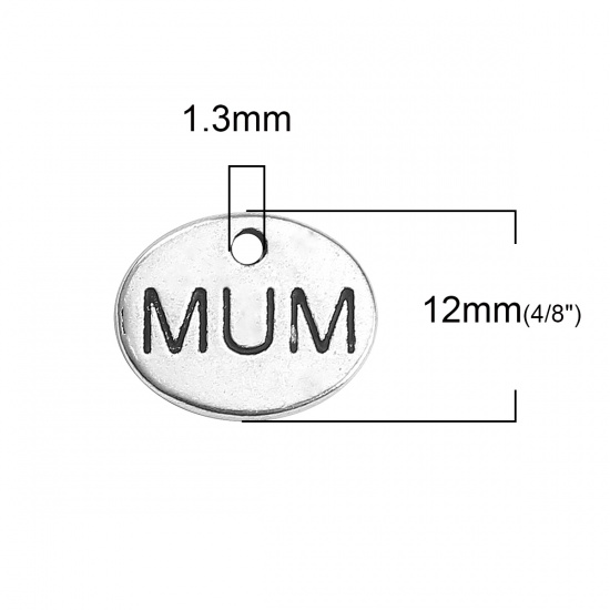 Immagine di Lega di Zinco Charms Ovale Argento Antico Messaggio " MUM " 12mm x 10mm , 50 Pz