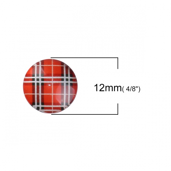 Immagine di Vetro Cupola Dome Seals Cabochon Tondo Flatback Rosso Ingraticciato Disegno Trasparente 12mm Dia, 50 Pz