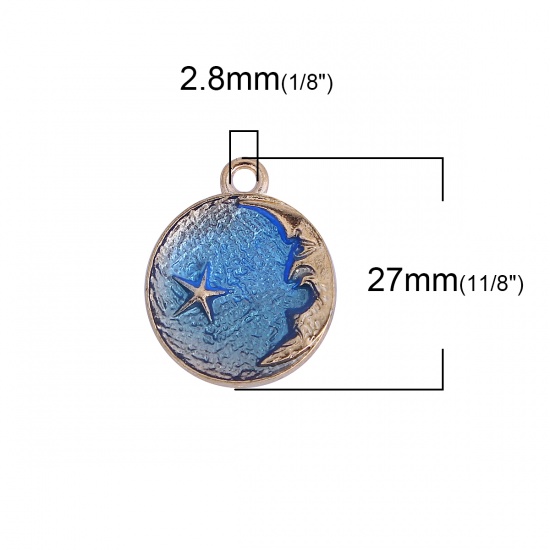 Picture of Zinc Based Alloy Ocean Jewelry Charms Round Gold Plated Moon & Star Fish Blue Enamel 27mm(1 1/8") x 22mm( 7/8"), 10 PCs