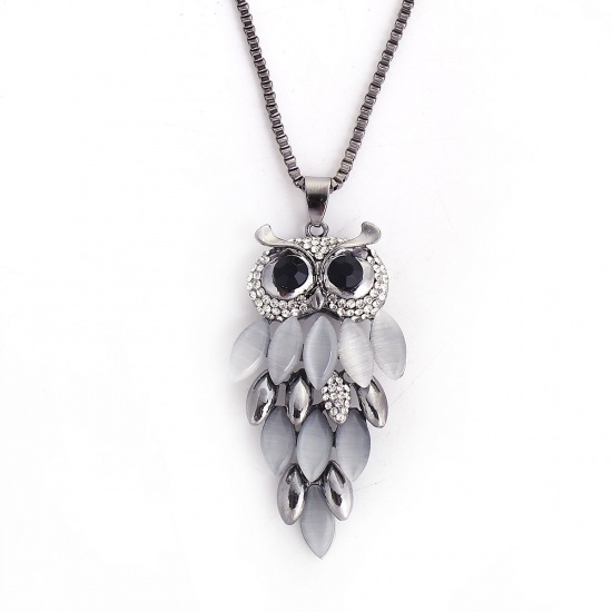 Picture of Halloween Sweater Necklace Long Gunmetal Owl Animal Clear Rhinestone 76cm(29 7/8") long, 1 Piece