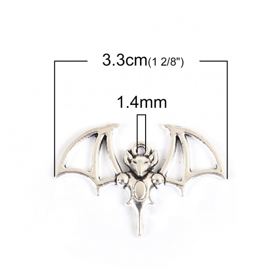 Picture of Zinc Based Alloy Pendants Halloween Bat Animal Antique Silver 33mm(1 2/8") x 23mm( 7/8"), 20 PCs