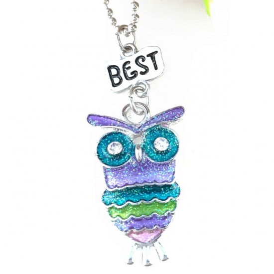 Picture of Best Friends Necklace Silver Tone Multicolor Owl Animal Message " BEST FRIENDS FOREVER " Clear Rhinestone Enamel 44cm(17 3/8") long, 1 Set ( 3 PCs/Set)