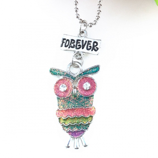 Picture of Best Friends Necklace Silver Tone Multicolor Owl Animal Message " BEST FRIENDS FOREVER " Clear Rhinestone Enamel 44cm(17 3/8") long, 1 Set ( 3 PCs/Set)