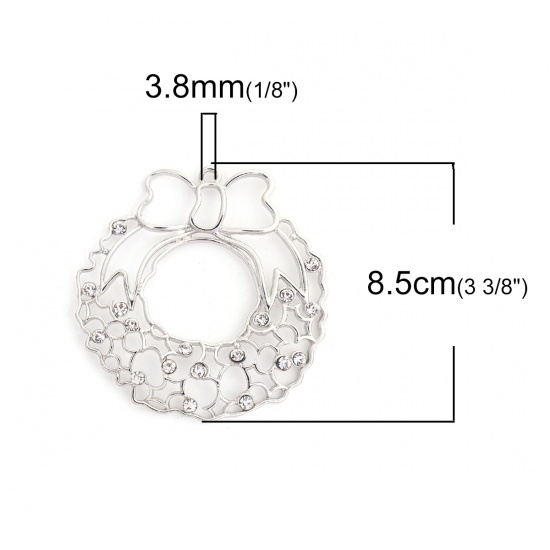 Picture of Zinc Based Alloy Pendants Christmas Wreath Silver Tone Clear Rhinestone Hollow 85mm(3 3/8") x 81mm(3 2/8"), 1 Piece