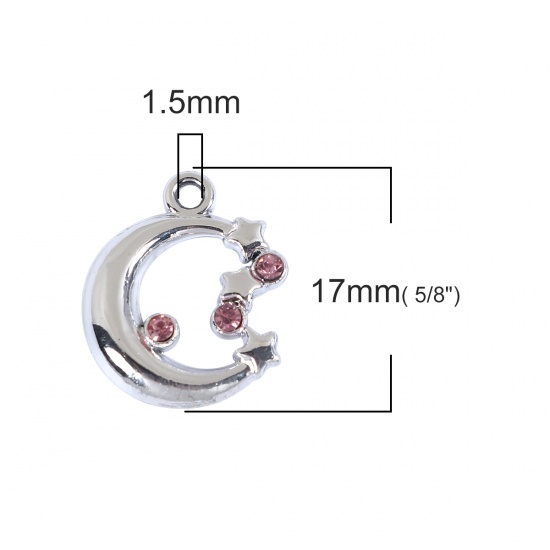 Picture of Zinc Based Alloy Galaxy Charms Half Moon Silver Tone Star Pink Rhinestone 17mm( 5/8") x 14mm( 4/8"), 20 PCs