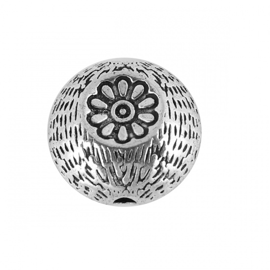 Picture of Zinc Based Alloy Spacer Beads Round Antique Silver Flower About 14mm Dia, Hole: Approx 1.8mm, 20 PCs