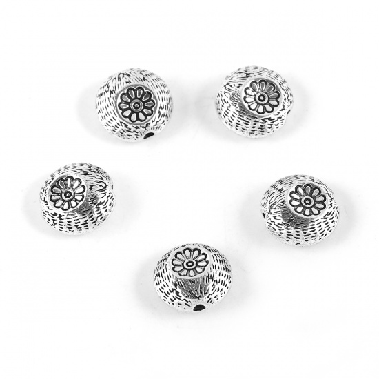 Picture of Zinc Based Alloy Spacer Beads Round Antique Silver Flower About 14mm Dia, Hole: Approx 1.8mm, 20 PCs