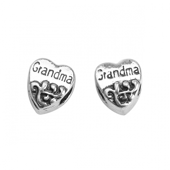 Picture of Zinc Based Alloy European Style Large Hole Charm Beads Heart Antique Silver Vine Message " Grandma " About 11mm( 3/8") x 10mm( 3/8"), Hole: Approx 5mm, 10 PCs