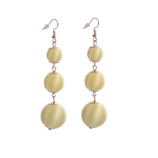 Picture of Acrylic & Cotton Bon Bon Earrings Gold Plated Yellow Ball 9cm(3 4/8"), Post/ Wire Size: (21 gauge), 1 Pair