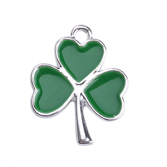 Picture of Zinc Based Alloy Charms Four Leaf Clover Silver Plated Kelly Green Enamel 20mm( 6/8") x 16mm( 5/8"), 5 PCs