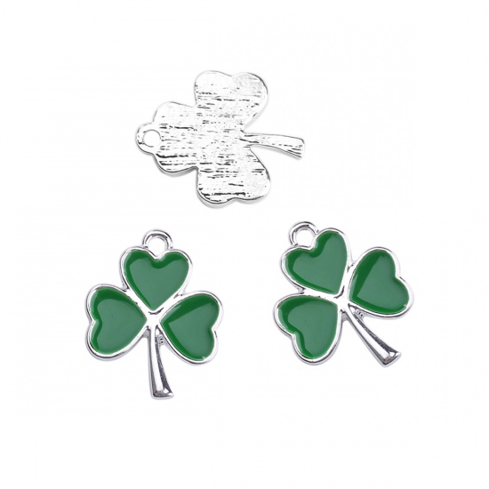 Picture of Zinc Based Alloy Charms Four Leaf Clover Silver Plated Kelly Green Enamel 20mm( 6/8") x 16mm( 5/8"), 5 PCs