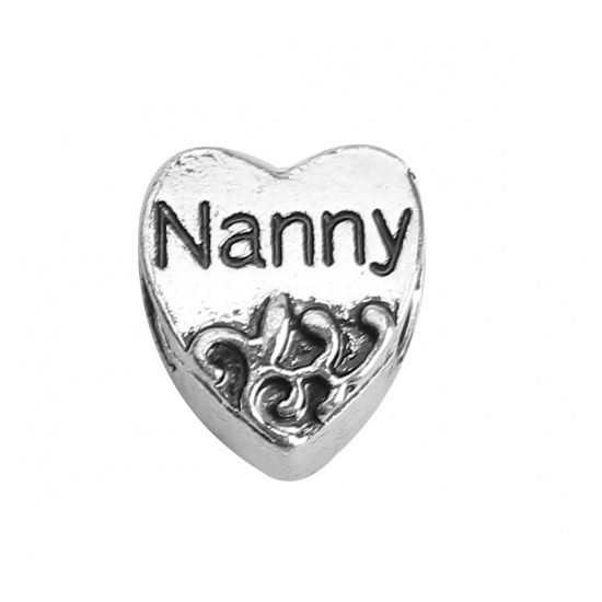 Picture of Zinc Based Alloy European Style Large Hole Charm Beads Heart Antique Silver Flower Vine Message " Nanny " About 11mm( 3/8") x 11mm( 3/8"), Hole: Approx 4.5mm, 10 PCs