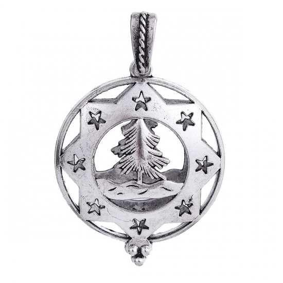 Picture of Zinc Based Alloy Aromatherapy Essential Oil Diffuser Locket Pendants Christmas Tree Antique Silver Star Carved Cabochon Settings (Fits 3.2cm) Can Open 52mm(2") x 35mm(1 3/8"), 1 Piece