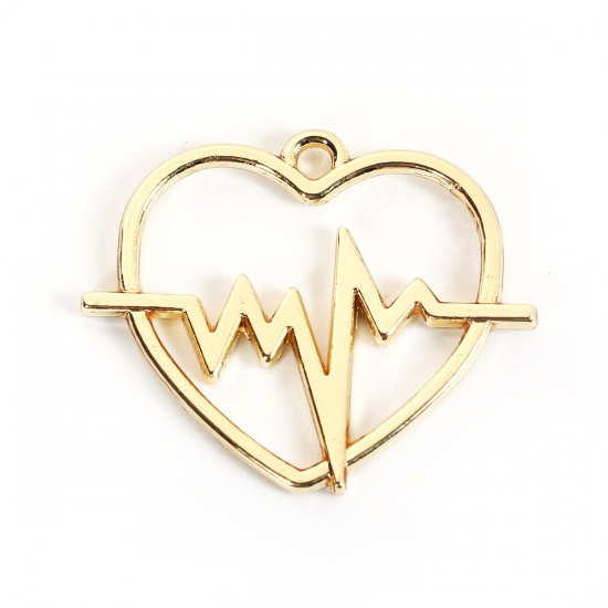 Immagine di Lega di Zinco Ciondoli Cuore Oro Placcato IL Battito Cardiaco /Dell 'elettrocardiogramma 30mm x 25mm , 10 Pz