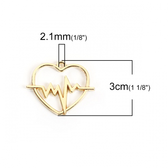 Picture of Zinc Based Alloy Pendants Heart Gold Plated Heartbeat/ Electrocardiogram 30mm(1 1/8") x 25mm(1"), 10 PCs