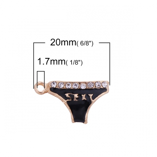 Picture of Zinc Based Alloy Charms Gold Plated Black Panties Message " sexy " Clear Rhinestone Enamel 20mm( 6/8") x 12mm( 4/8"), 10 PCs