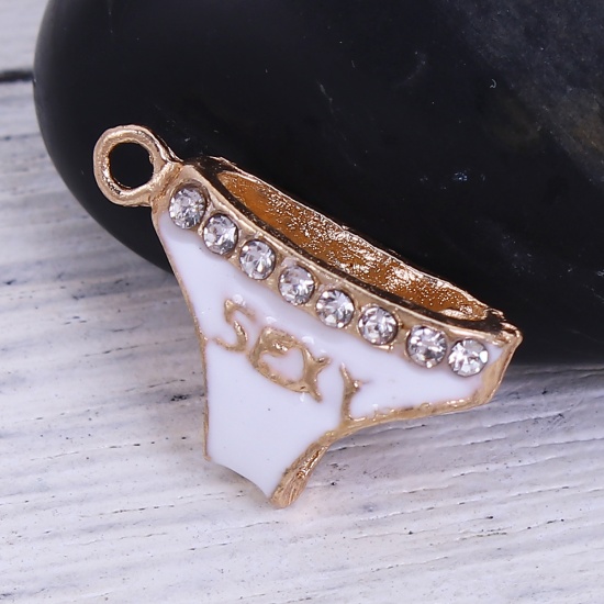 Picture of Zinc Based Alloy Charms Gold Plated White Panties Message " sexy " Clear Rhinestone Enamel 20mm( 6/8") x 12mm( 4/8"), 10 PCs