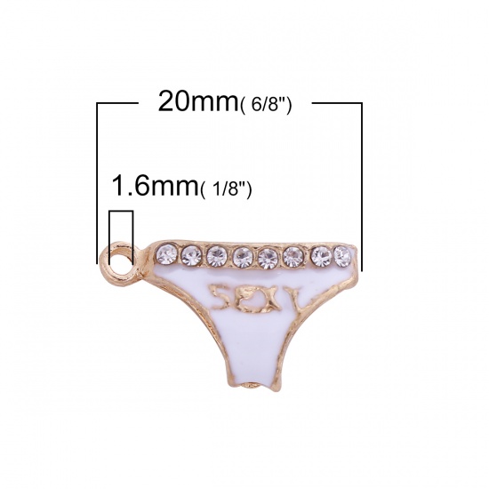 Picture of Zinc Based Alloy Charms Gold Plated White Panties Message " sexy " Clear Rhinestone Enamel 20mm( 6/8") x 12mm( 4/8"), 10 PCs