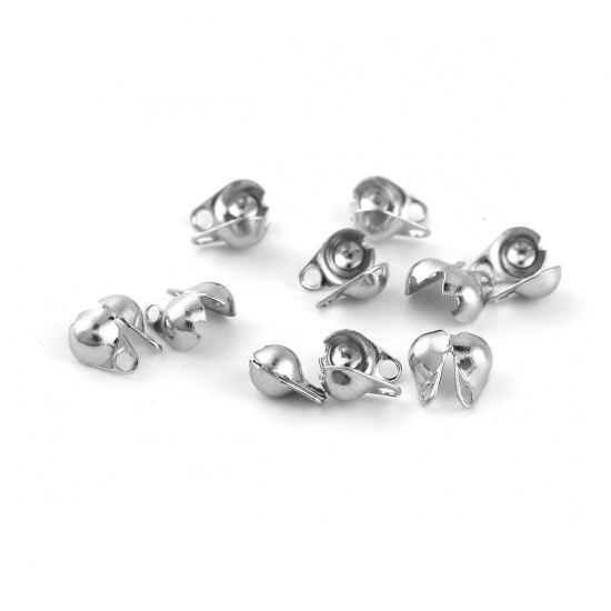 Picture of 304 Stainless Steel Bead Tips (Knot Cover) Clamshell With 2 Closed Loops Silver Tone (Fits 4mm Ball Chain) 6mm( 2/8") x 4mm( 1/8"), 50 PCs